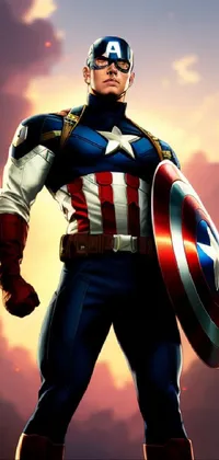 This phone live wallpaper showcases a digital art of a captain holding a shield in their hand, featuring a powerful character portrait and full body close-up shot