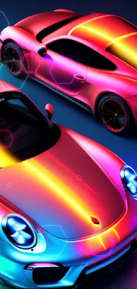 This neon live wallpaper features a 3D render of two sports cars inspired by a popular model