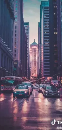 This live wallpaper depicts a vivid city street, brimming with traffic and surrounded by tall buildings