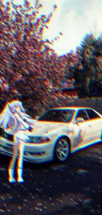 This phone live wallpaper features a woman seated on a white JDM-style car, set in an urban landscape with vibrant colors and tumblr-inspired designs