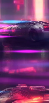 Looking for a dynamic and immersive cyberpunk live wallpaper? This stunning phone background features futuristic cars with neon lights and metallic textures, set against a backdrop of cyberpunk signs and symbols