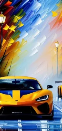 This stunning phone live wallpaper features a digital painting of two yellow sports cars racing down a city street