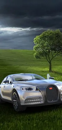 This silver car live wallpaper features a stunning car on a green field, with evening storm clouds in the background