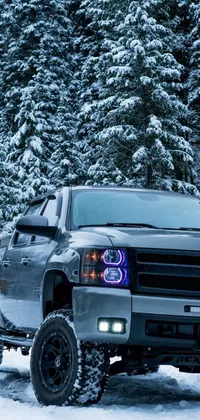 This live wallpaper showcases a winter scene, with a truck parked in a snow-covered landscape