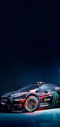 This dynamic phone live wallpaper features a stunning black rally car parked in the dark