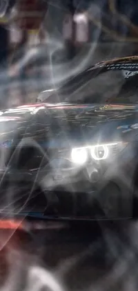 This phone live wallpaper showcases a high-speed car while emitting smoke and featuring anamorphic bokeh and lens flares, perfect for auto enthusiasts