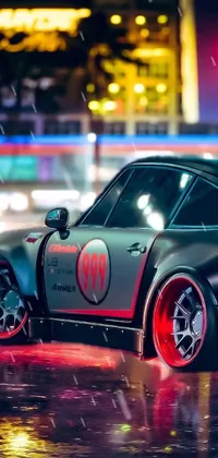 This live phone wallpaper depicts a cyberpunk city street with a photorealistic red Porsche 911 on display