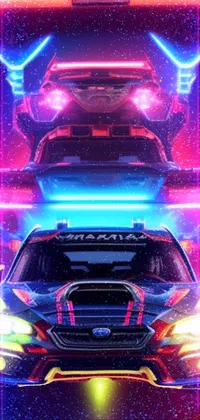 Discover a dynamic phone live wallpaper design with a bold Subaru car boasting neon lights on top