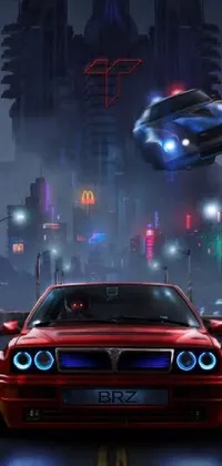 Cyberpunk themed live phone wallpaper with cars driving down a neon-lit street in a futuristic city
