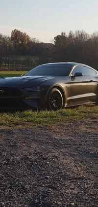 Looking for a cool live wallpaper that will make your phone stand out? Check out this stunning image of a black Ford Mustang parked in a field