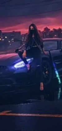 The cyberpunk-inspired phone live wallpaper showcases an edgy, futuristic woman sitting atop a sleek, modern Mercedes Benz sports car
