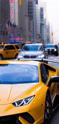 Looking for an exciting live wallpaper for your phone? Check out this vibrant yellow sports car racing down a busy city street
