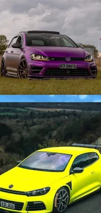 This phone live wallpaper features two cars in yellow and purple color scheme, showcasing airbrushing techniques for a realistic look