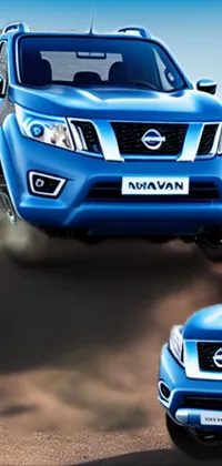 Looking for an action-packed live wallpaper for your phone? Look no further than this captivating image of two blue Nissan pickup trucks speeding down a dirt road