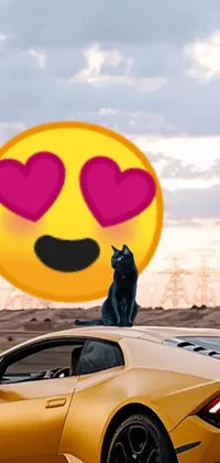 Looking for an edgy and striking live wallpaper for your phone? Check out this black cat sitting on a yellow sports car, set against a backdrop of a desert landscape