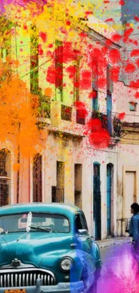 Looking for a vibrant and lively phone live wallpaper? This street scene features an old car parked on the side of the road