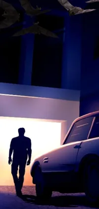 This phone wallpaper features a black silhouette against a classic car in a dimly lit garage