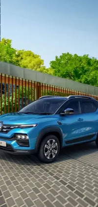 This live wallpaper showcases a striking blue SUV parked in front of a tall building