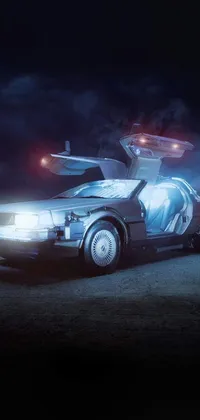 This phone live wallpaper showcases a highly detailed Back-to-the-Future car image with cinematic blue lighting, resulting in a hyper-realistic 8k resolution wallpaper
