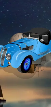 Introducing an eye-catching blue car wallpaper with a unique twist perfect for your phone! This retro-futuristic design features a roadster car soaring through a nighttime sky