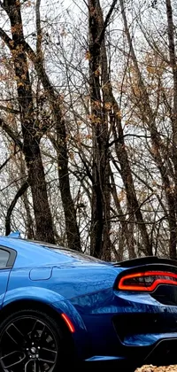 Add a sense of emotion and liveliness to your phone with this exciting live wallpaper featuring a blue sports car parked amidst stunning trees