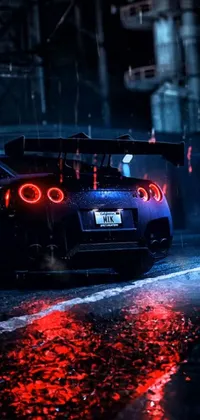 Upgrade your phone display with an incredible cyberpunk phone wallpaper featuring a Nissan GTR R 3/4 driving down a wet street at night