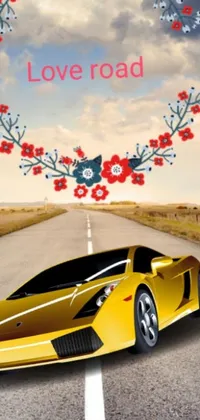 This exciting phone live wallpaper showcases a yellow sports car that's driving down a winding road