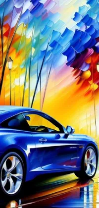 This stunning phone live wallpaper features a blue sports car in a rainy city setting