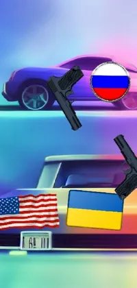 This lively mobile live wallpaper features a car decorated with a Russian flag and driving down a road towards explosive gun action, while an album cover in vivid colors by an unknown creator named Simon Ushakov lines the background