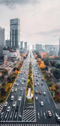 This live wallpaper displays a busy city street surrounded by tall buildings