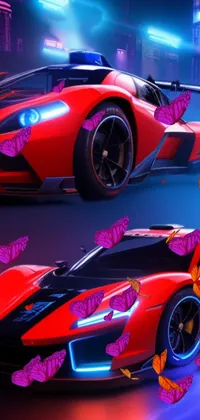 The City Nights Live Wallpaper features two striking red sports cars zooming through the city streets