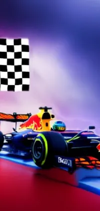 This dynamic phone live wallpaper features a red bull racing car with checkered flag against a racetrack background