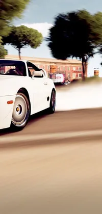 This animated phone wallpaper features a white Toyota Supra sports car driving down a modern street