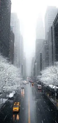 This live wallpaper for your phone is a stunning scene of a snow-filled street surrounded by tall buildings and breathtakingly beautiful trees