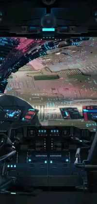 This phone live wallpaper showcases a stunning view from a sleek space ship cockpit, surrounded by advanced displays and controls