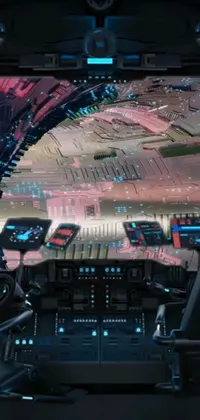 Introducing a striking phone live wallpaper with a view of a spaceship cockpit that allows users to enjoy a detailed matte painting depicting deep space exploration