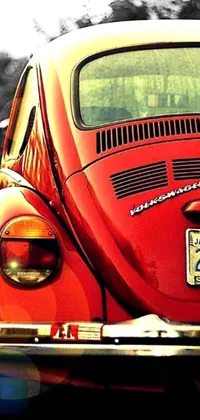 Immerse yourself in the retro vibes of the 1970s with this photorealistic live wallpaper of a red VW Beetle parked along a California road