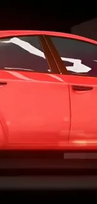 This stunning live wallpaper showcases a vibrant red car speeding down a bustling city street, accompanied by a towering building in the background