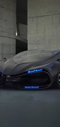 This phone live wallpaper features a futuristic car with blue lights in a parking garage