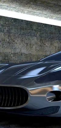 This mesmerizing live wallpaper features a silver sports car parked in front of a brick wall