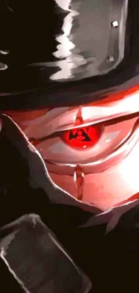 This phone live wallpaper depicts a stunning close-up of a motorcycle with a helmet on, set against an intense scene from a popular anime featuring Agent 47 and Madara Uchiha