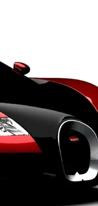 This live phone wallpaper features an ultra-detailed image of a red and black Bugatti Veyron sports car set against a clean white background