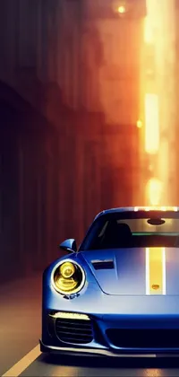 This phone live wallpaper features a stunning blue sports car driving through a bustling city street