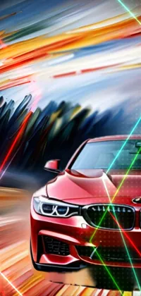 This phone live wallpaper showcases a stunning red sports car driving down a winding road with a beautiful and colorful abstract painting as a backdrop