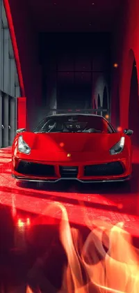 Add a touch of luxury to your smartphone with this stunning live wallpaper featuring a red sports car parked inside a building