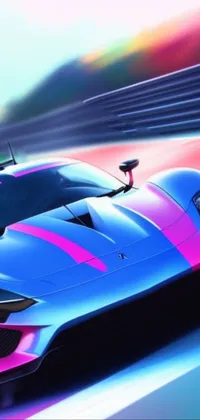 This trendy live wallpaper features a sleek pink and blue sports car driving on a track