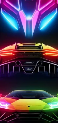 Get ready for an adrenaline rush with this phone live wallpaper! Featuring two neon-colored sports cars side by side, this digital artwork is an illustration with Lamborghini inspiration that is symmetrical, bold, and striking on your phone screen
