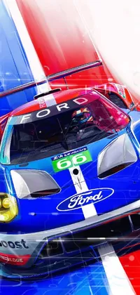 This phone live wallpaper showcases a digital rendering of a racing car, inspired by classic pop art style, racing tracks and Ford