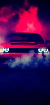 This captivating live wallpaper features a red sports car with glowing eyes and smoke emanating from its hood, set against a red background