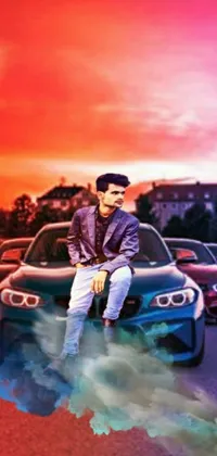 This dynamic live wallpaper portrays a colorful and strikingly realistic image of a man sitting atop a parked car